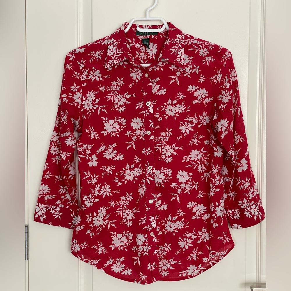 RALPH LAUREN Red White Tropical Floral Lightweight Cotton Button Down Shirt - S
